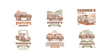 Farmer Market Labels Or Emblems With Harvester Trucks Retro Vector Drawing Of Farming Cars With Crop In Trunk. Agricultural Transport For Harvest Shipping. Isolated Graphic Elements Set With Machines