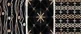 Fototapeta  - Set of seamless patterns in the old folk style. Golden embroidered ornament on a black background. Beads. Hand-drawn vector illustration for printing, fabric, textile, manufacturing, wallpapers.