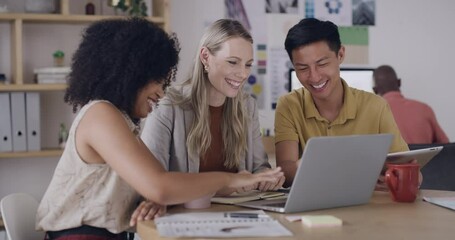 Poster - Businesspeople using laptop for meeting, video call or conference in office. Diverse creative team of professional colleagues using hand gestures to wave and show thumbs up after hosting online chat