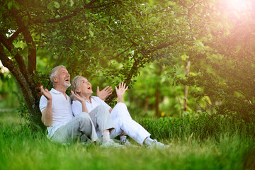 Sticker - Senior couple sitting on the grass in the park