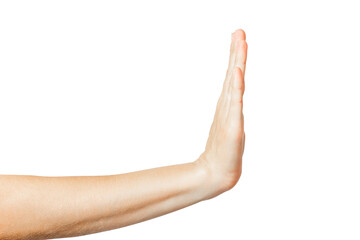 The hand shows a stop gesture. Stop gesture on a white background.