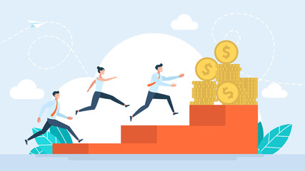 Money is the motivation. Cash reward for achievements. Career development or wealth management concept. Pay raise salary increase, wages or income growth. Flat business style. Vector Illustration.