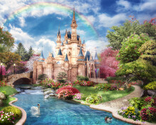 3d Image Of Fairy-tale Castle With A Pond And Swans, A Bridge And Dense Vegetation, A Rainbow In The Sky 3d Rendering
