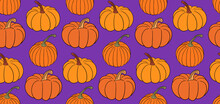 Pumpkin Seamless Pattern Background, Hand Drawn Squash In Warm Natural Fall Colors Isolated On White On Purple Backdrop. Vector Illustration, Texture Design For Autumn, Halloween, Thanksgiving. Rustic