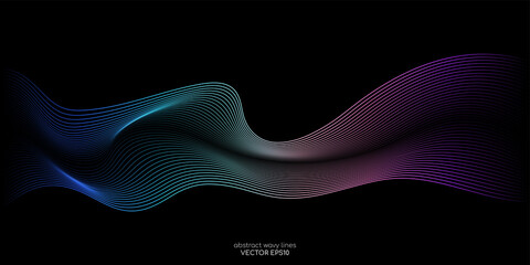 Poster - Flowing wave lines pattern spectrum light gradient curve shape isolated on black background. Vector in concept of technology, science, music, modern.