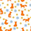 vector red fox cub sitting, decorative daisy flowers simple cute illustration cloth paper wallpaper for child