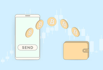 Aufkleber - Sending bitcoin digital money from a mobile e-wallet to a regular wallet. The concept of exchanging electronic BTC currency for paper fiat money. Vector illustration in thin line flat design