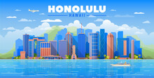 Honolulu Hawaii (United States) City Skyline Vector Background. Flat Vector Illustration. Business Travel And Tourism Concept With Modern Buildings. Image For Banner Or Web Site.