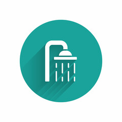 Wall Mural - White Shower head with water drops flowing icon isolated with long shadow. Green circle button. Vector