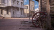 Old Wild Western Town Street Scene With Wagon Wheel Leaning On Wooden Wall In Foreground. 3D Rendering.