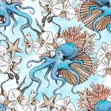 Watercolor Octopus Pattern. Colorful Seamless Octopus, Orchids And Seashells Pattern. Perfect For Greetings, Invitations, Manufacture Wrapping Paper, Textile And Web Design. Watercolor Ocean Pattern.
