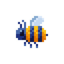 Bee Insect Character Pixel Art Icon. Element Design For Stickers, Web, Logo, Embroidery And Mobile App. Honeybee Isolated Vector Illustration. 8-bit Sprite.