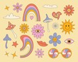 Set of hipster retro cool psychedelic elements. A collection of groovy cliparts from the 70s. Abstract design of cartoon stickers. Trend vector illustration