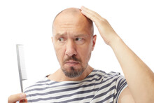 Portrait Of Nostalgic Man Comb His Bald Isolated On White Background.