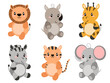 Cute wild animals set including lion, tiger, rino, zebra, giraffe, and elephant. Safari jungle animals vector. Woodland animal illustration. EPS