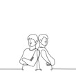 two men standing with their backs to each other - one line drawing vector. the concept of standing back to back, friends, sworn brothers