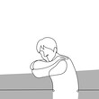 man lay down on the railing with his arms crossed and put his head on top looking at the viewer - one line drawing vector. the concept of procrastination, laziness, photo pose