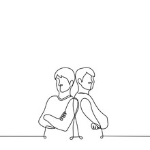 Two Men Standing With Their Backs To Each Other - One Line Drawing Vector. The Concept Of Standing Back To Back, Friends, Sworn Brothers