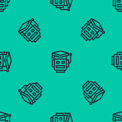 Poster - Blue line Robot icon isolated seamless pattern on green background. Artificial intelligence, machine learning, cloud computing. Vector