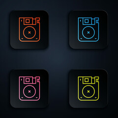 Poster - Color neon line Floppy disk for computer data storage icon isolated on black background. Diskette sign. Set icons in square buttons. Vector