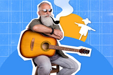 Composite Collage Portrait Of Peaceful Grandfather Sitting Chair Hold Guitar Smoke Pipe Isolated On Drawing Earth Sun Scarecrow Background