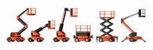 Lifting Vehicles. Industrial Mashine With Lifting Platforms For Builders Telescopic And Hydraulic Cars. Vector Cartoon Illustrations