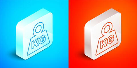 Sticker - Isometric line Weight icon isolated on blue and red background. Kilogram weight block for weight lifting and scale. Mass symbol. Silver square button. Vector