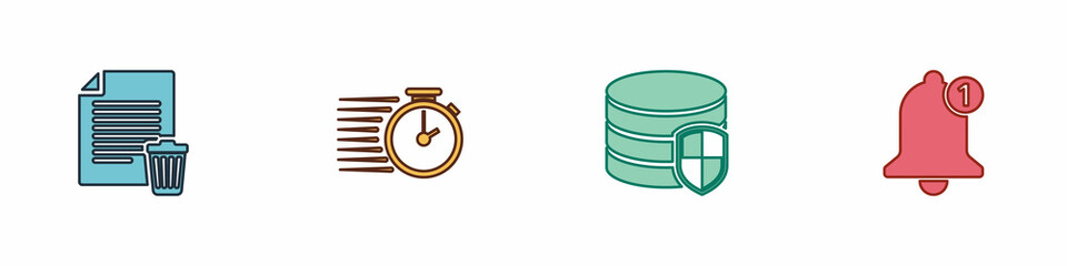 Poster - set delete file document, stopwatch, database protection and bell icon. vector