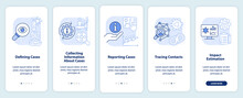 Disease Monitoring Steps Light Blue Onboarding Mobile App Screen. Walkthrough 5 Steps Editable Graphic Instructions With Linear Concepts. UI, UX, GUI Template. Myriad Pro-Bold, Regular Fonts Used