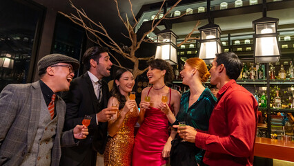 Group of Diversity people celebrating and toasting champagne glass together at luxury restaurant bar. Happy man and woman friends enjoy and fun holiday hangout party meeting nightlife at nightclub