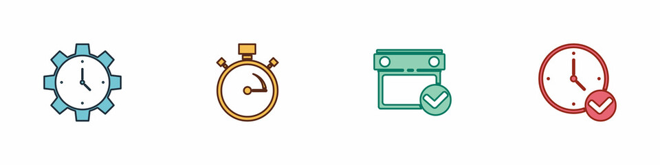 Sticker - Set Time Management, Stopwatch, Calendar with check mark and Clock icon. Vector