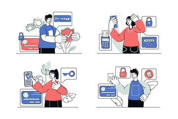 Aufkleber - Secure payment concept set in flat line design. Men and women pay for purchases using financial transaction system with user data protection. Vector illustration with outline people scene for web