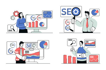 Aufkleber - Seo analysis concept set in flat line design. Men and women analyze website data, traffic speed, keywords and other information, optimize pages. Vector illustration with outline people scene for web