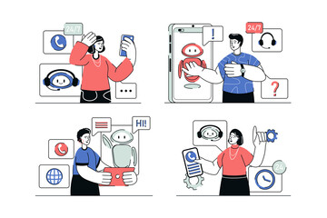 Aufkleber - Virtual assistant concept set in flat line design. Men and women writing in online chatbot to solve problems and call hotline for consultation. Vector illustration with outline people scene for web