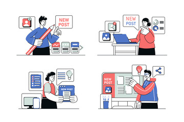 Aufkleber - Content manager concept set in flat line design. Men and women creating graphic content, writing articles and texts to filling blogs and websites. Vector illustration with outline people scene for web