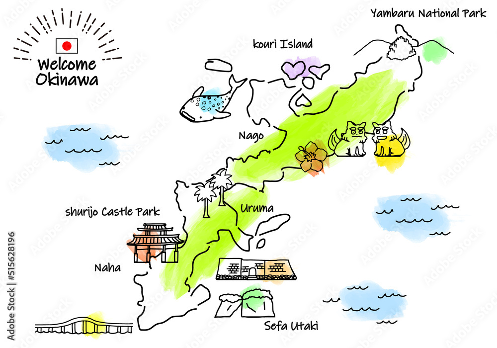 手描きの沖縄の観光地シンプル線画イラストマップ