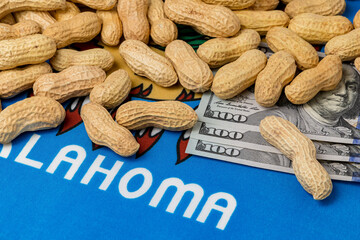 Wall Mural - Peanuts in shell on flag of Oklahoma with 100 dollar bills. Peanut farming, trade, tariffs and market price concept.