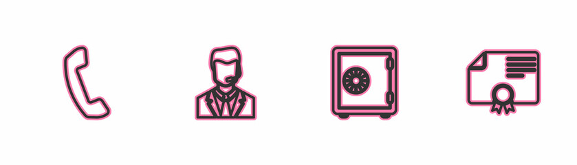 Poster - set line telephone handset, safe, man with headset and certificate template icon. vector