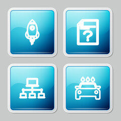 Poster - set line rocket ship with fire, unknown document, computer network and car wash icon. vector