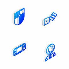 Poster - Set Isometric line Game dice, Shield for game, Portable video console and Computer network icon. Vector