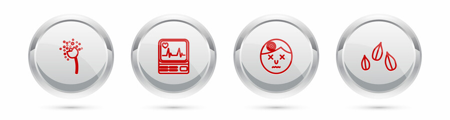 Sticker - Set line Flower producing pollen, Monitor with cardiogram, Man having headache and Sesame seeds. Silver circle button. Vector