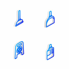 Poster - Set Isometric line Dustpan, Rubber plunger, Wet floor and cleaning in progress and Fabric softener icon. Vector