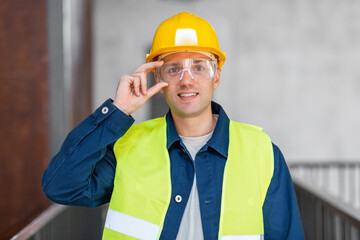 Sticker - architecture, construction business and building concept - happy smiling male architect in helmet, goggles and safety west at office