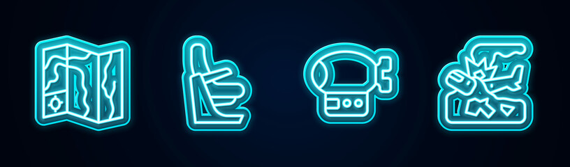 Sticker - Set line World travel map, Airplane seat, Airship and Plane crash. Glowing neon icon. Vector