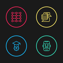 Set line Graduation cap, Chat bot, Server, Data and Neural network icon. Vector