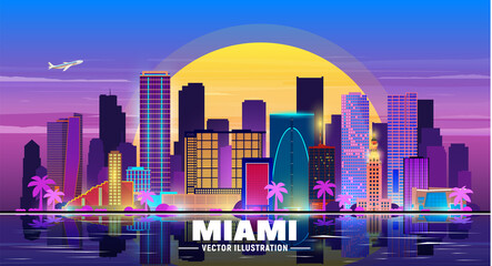 Wall Mural - Miami Florida night city skyline. Vector Illustration. Business travel and tourism concept with modern buildings. Image for banner or web site.