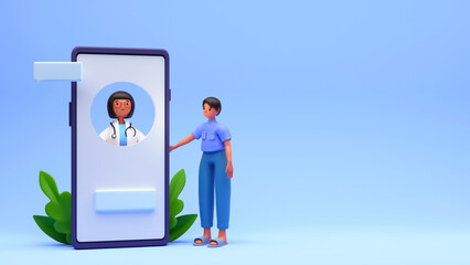 Poster - 3D Render Of Patient Talking To Doctor Through Smartphone On Glossy Blue Background.