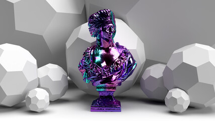 Wall Mural - 3d render metal figure of a bust of a woman in steampunk style against the background of geometric polygonal figures