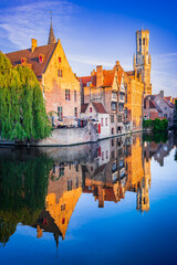 Poster - Bruges, Belgium. Sunrise on Rozenhoedkaai, old town with Belfry reflection