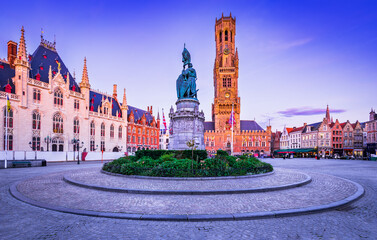 Fototapete - Bruges, Belgium. Grote Markt with Belfry, famous city of Flanders, blue hour colors.